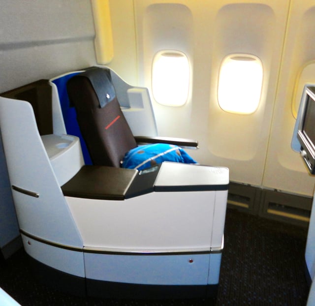 A Business Class seat on board a refurbished KLM Boeing 747-400.
