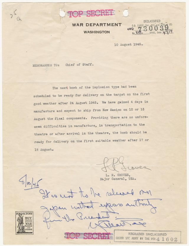 Memorandum from Groves to Marshall regarding the third bomb, with Marshall's hand-written caveat that the third bomb not be used without express presidential instruction.