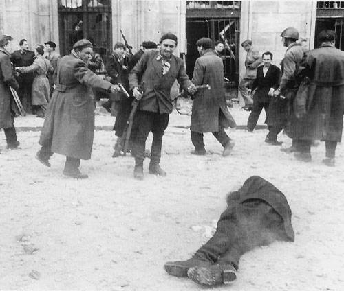 Mobs killing a communist supporter during the Hungarian Revolution of 1956