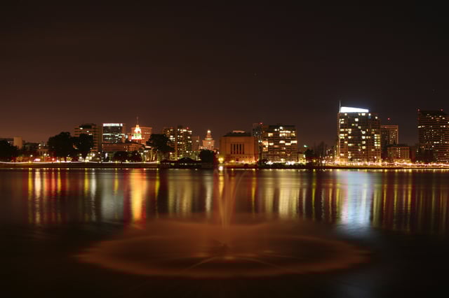 A night view of the Downtown skyline and Lakeside Apartments District as seen from the East 18th Street Pier