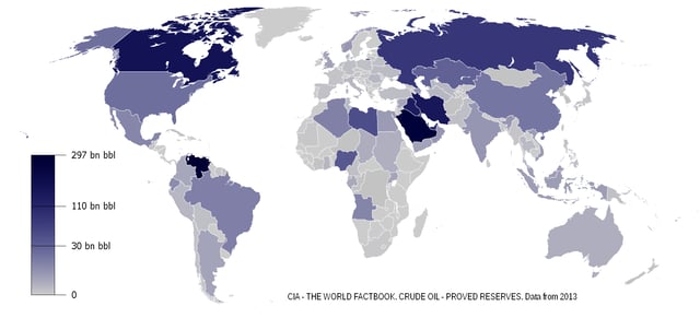 Proven world oil reserves, 2013. Unconventional reservoirs such as natural heavy oil and oil sands are included.