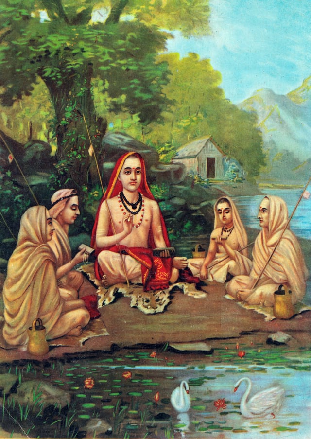 Adi Shankara with Disciples, by Raja Ravi Varma (1904); Shankara published 700 verses of the Gita (800 CE), now the standard version.