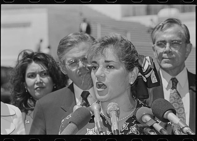 Sanchez speaking at a Congressional Hispanic Caucus press conference outside the Capitol in 1997