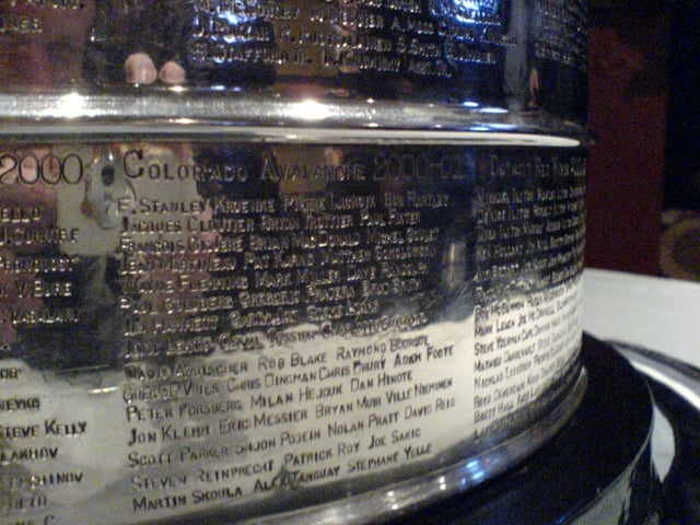 A close-up view of the engraving for the 2001 champion Colorado Avalanche