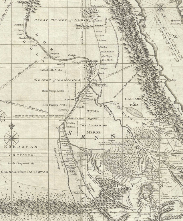 Sennar on a map by James Bruce, who traversed the country in the early 1770s