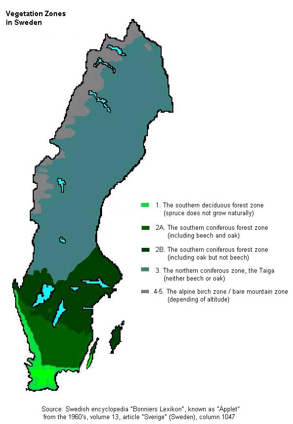 Map of Sweden's five major vegetation zones