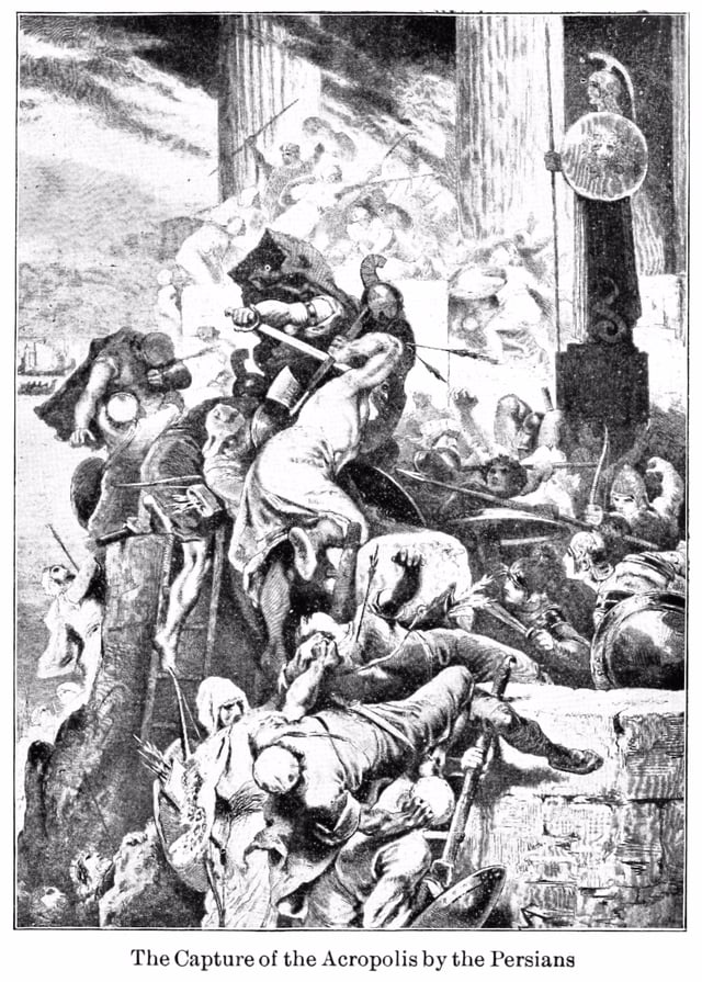 A few Athenians resisted in the Acropolis of Athens, which was stormed and burned down by the Achaemenid Army of Xerxes.