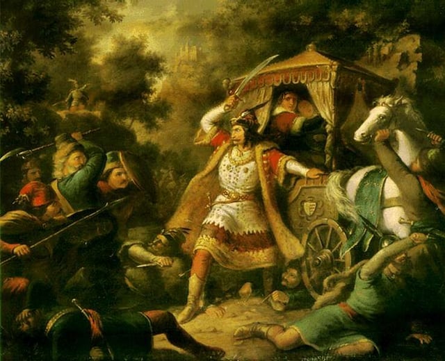 Nicholas Garai defending his sovereign Mary and her mother Elizabeth from the Croatians. By Mihály Kovács.