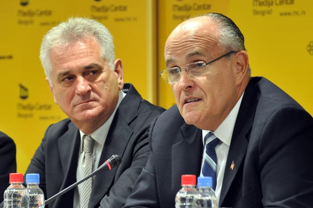Serbian President Tomislav Nikolić and Giuliani at a joint press conference, 2012