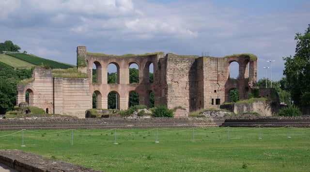Public baths (thermae) built in Trier by Constantine, more than 100 metres (328 ft) wide by 200 metres (656 ft) long and capable of serving several thousand at a time, built to rival those of Rome