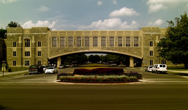 Torgersen Hall bridge over Alumni Mall is an example of architecture using Hokie Stone.
