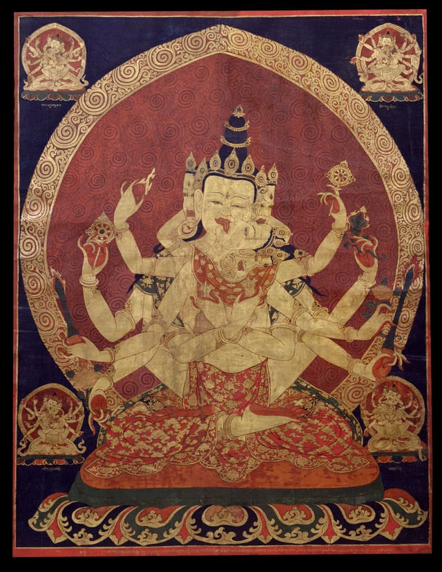 A 17th-century Tibetan thangka of Guhyasamaja Akshobhyavajra; the Ming dynasty court gathered various tribute items that were native products of Tibet (such as thangkas), and in return granted gifts to Tibetan tribute-bearers.