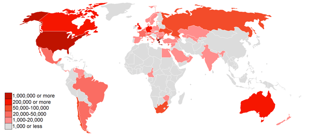 A map of the fifty countries with the largest Greek diaspora communities.
