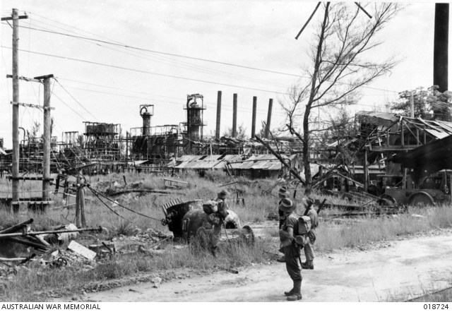Damaged oil refinery installations at Lutong in 1945 due to Allied bombings