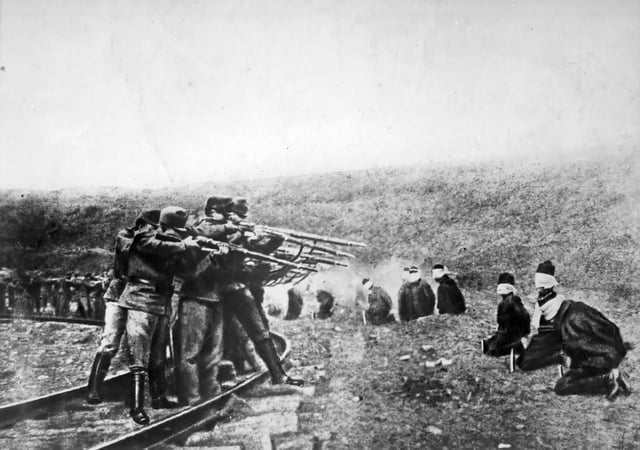 Austro-Hungarian troops executing Serbian civilians, 1914. Serbia lost about 850,000 people during the war, a quarter of its pre-war population.