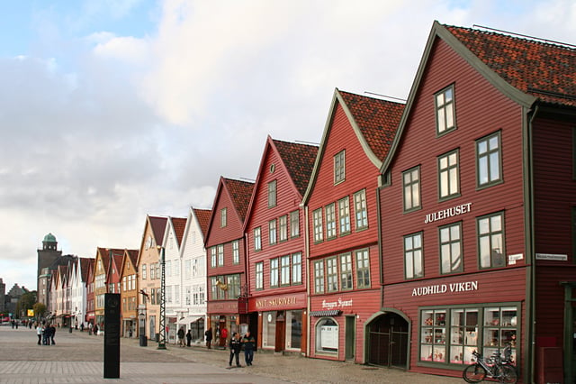 Bryggen in Bergen, once the center of trade in Norway under the Hanseatic League trade network, now preserved as a World Heritage Site