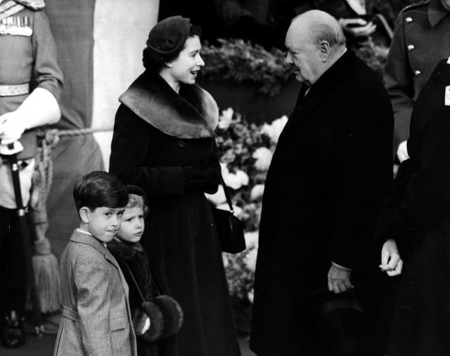 Churchill with Queen Elizabeth II, Prince Charles and Princess Anne, 10 February 1953