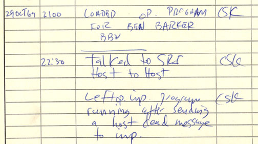 Historical document: First ARPANET IMP log: the first message ever sent via the ARPANET, 10:30 pm PST on 29 October 1969 (6:30 UTC on 30 October 1969). This IMP Log excerpt, kept at UCLA, describes setting up a message transmission from the UCLA SDS Sigma 7 Host computer to the SRI SDS 940 Host computer.