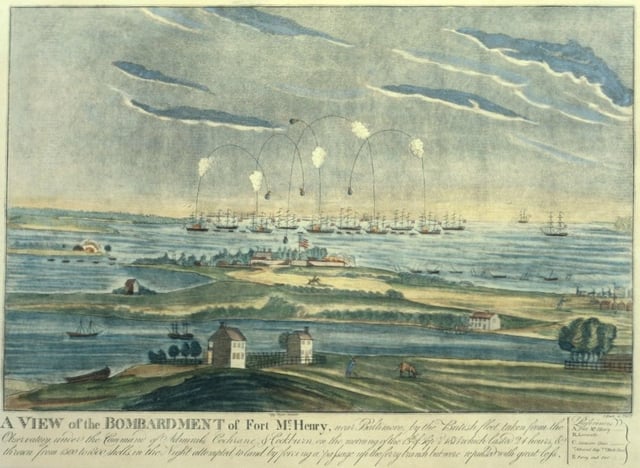 An artist's rendering of the bombardment at Fort McHenry during the Battle of Baltimore. Watching the bombardment from a truce ship, Francis Scott Key was inspired to write the four-stanza poem that later became, The Star-Spangled Banner.