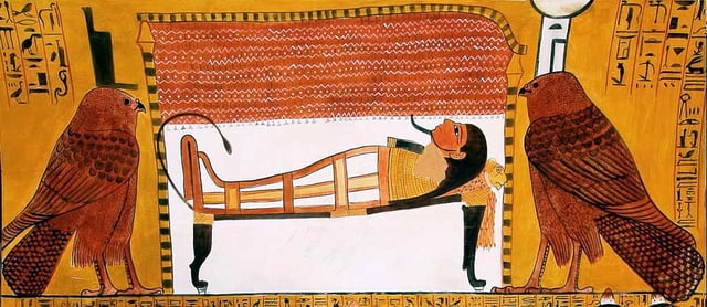 Isis, left, and Nephthys as kites near the bier of a mummy, 13th century BCE
