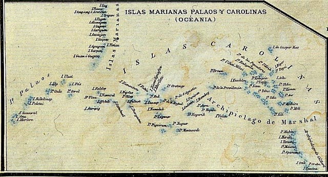 Map of 1888 showing the Spanish East Indies, including Palau Islands (map without Philippines)
