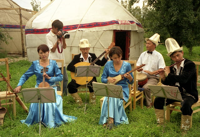 Musicians playing traditional Kyrgyz music.