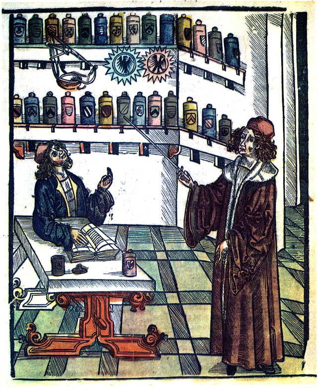 Physician and Pharmacist, illustration from Medicinarius (1505) by Hieronymus Brunschwig.