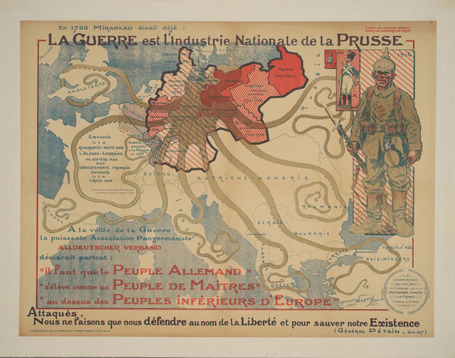 A French propaganda poster from 1917 is captioned with an 18th-century quote: "Even in 1788, Mirabeau was saying that War is the National Industry of Prussia."