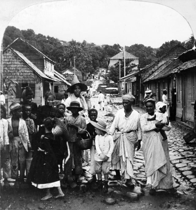 Evacuees on Rue du Pavé, Fort-de-France after 1902 eruption, photographed by William H. Rau
