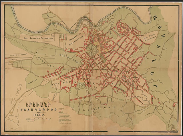 Map of Yerevan in 1920, made before the Soviet reconstruction of the city by Alexander Tamanyan in 1924. Taken looking west, with the Hrazdan River to the north rather than the west