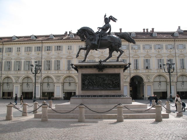 Piazza San Carlo and the Caval 'd Brons (Bronze Horse in Piedmontese language) equestrian monument to Emmanuel Philibert.