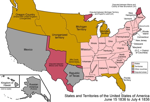 Map of the states and territories of the United States as it was from June 1836 to July 1836. On June 15 1836, Arkansas Territory was admitted as the state of Arkansas.