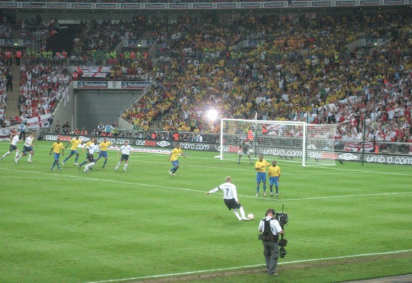 Beckham takes the free kick against Brazil from which John Terry scored.