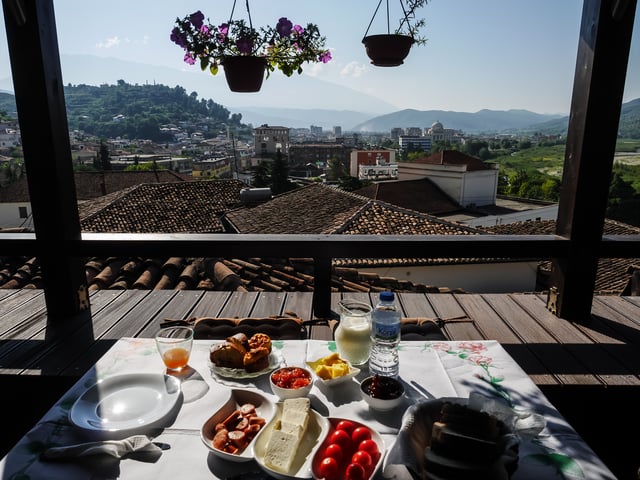 Typical breakfast in Albania.