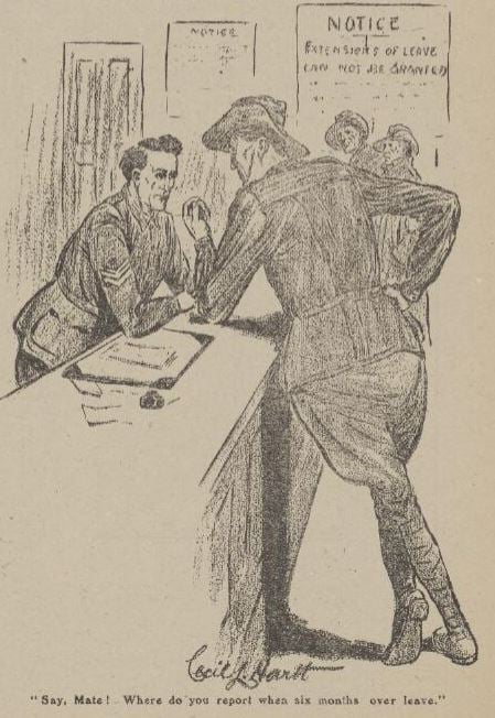 A 1918 cartoon by Cecil Hartt making light of the high incidence of soldiers going absent without leave in the Australian Imperial Force