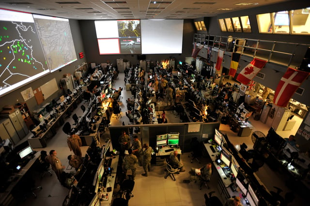 Combined Air and Space Operations Center (CAOC) in Qatar provides command and control of air power throughout Iraq, Syria, Afghanistan, and 17 other nations.