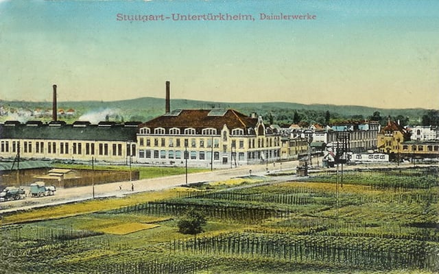 A colorized photo from 1911 of the Daimler-Motoren-Gesellschaft factory in Untertürkheim. Today, this building is the seat of Daimler AG.
