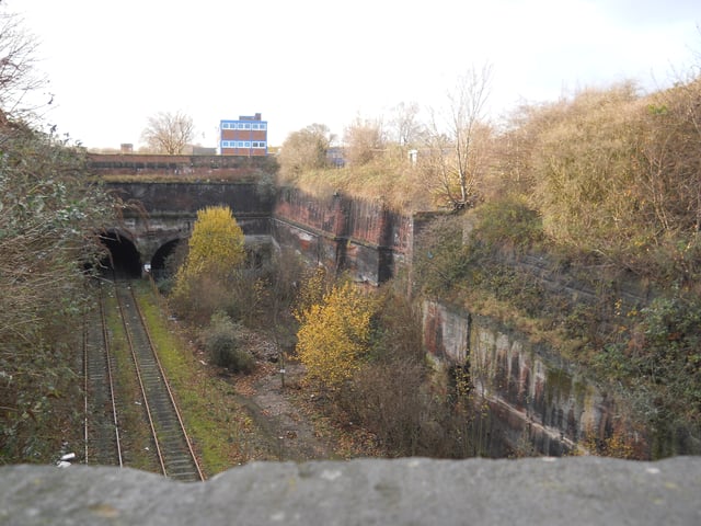 The three eastern portals of Liverpool Edge Hill tunnels, built into a hand dug deep cutting.