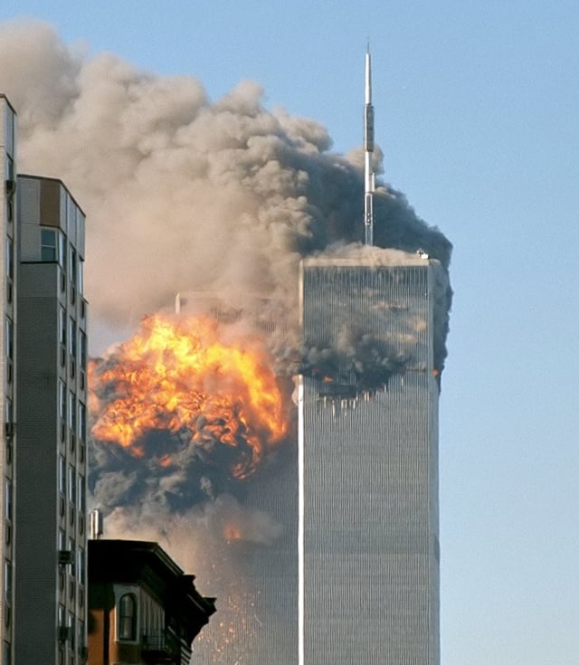 The north face of Two World Trade Center (south tower) immediately after being struck by United Airlines Flight 175