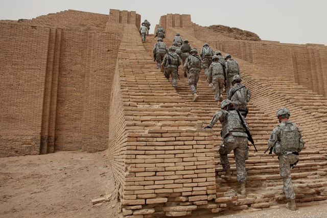 U.S. soldiers ascend the reconstructed Ziggurat of Ur in May 2010.