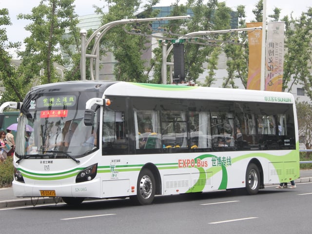 A Sunwin electric bus in Shanghai at a charging station