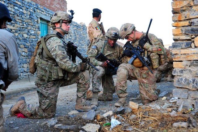 Soldiers, assigned to E Company, 2nd Battalion, 506th Infantry Regiment, 4th Brigade Combat Team, 101st Airborne Division (Air Assault) conduct a partnered patrol in Madi Khel, Khowst Province, Afghanistan, Oct. 20, 2013.