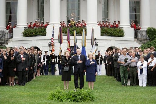 Thatcher (left) at a Washington memorial service on the fifth anniversary of the 9/11 attacks
