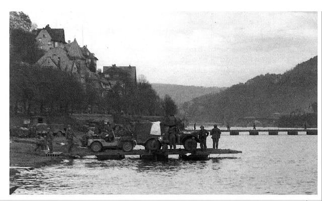 US Army 289th Engineer Combat Battalion ferrying troops and vehicles over the Neckar at Heidelberg