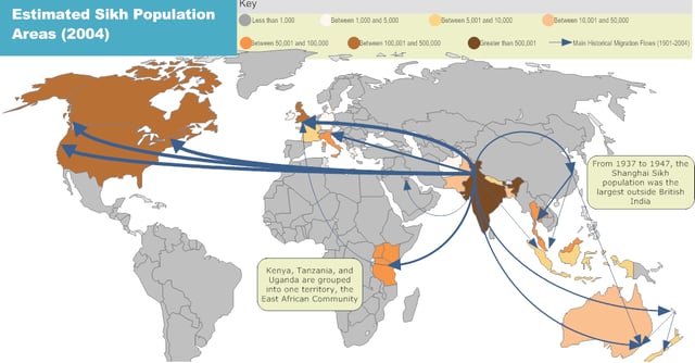 Map showing world Sikh population areas and historical migration patterns (2004 estimate).