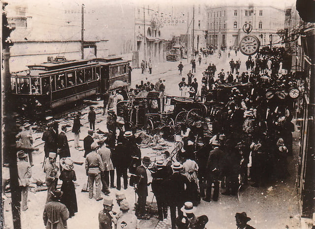 Crowds on the streets in the aftermath of the anti-Serb riots in Sarajevo, 29 June 1914