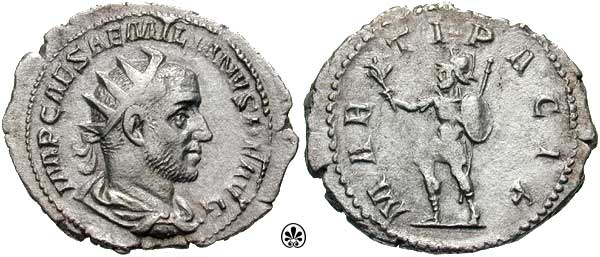 Mars celebrated as peace-bringer on a Roman coin issued by Aemilianus