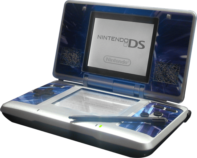 A Nintendo DS, skinned in blue.