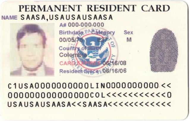 Pre-2008 permanent resident card, bearing the seal of the United States Department of Homeland Security