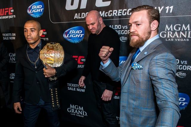 McGregor (right), Dana White (middle) and José Aldo (left) in London as part of the World Tour promoting UFC 189 in March 2015.